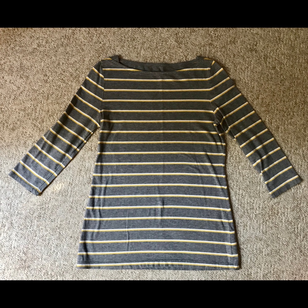 White + Yellow Stripe Boat Neck 3/4 Sleeve Shirt - Picture 2 of 4
